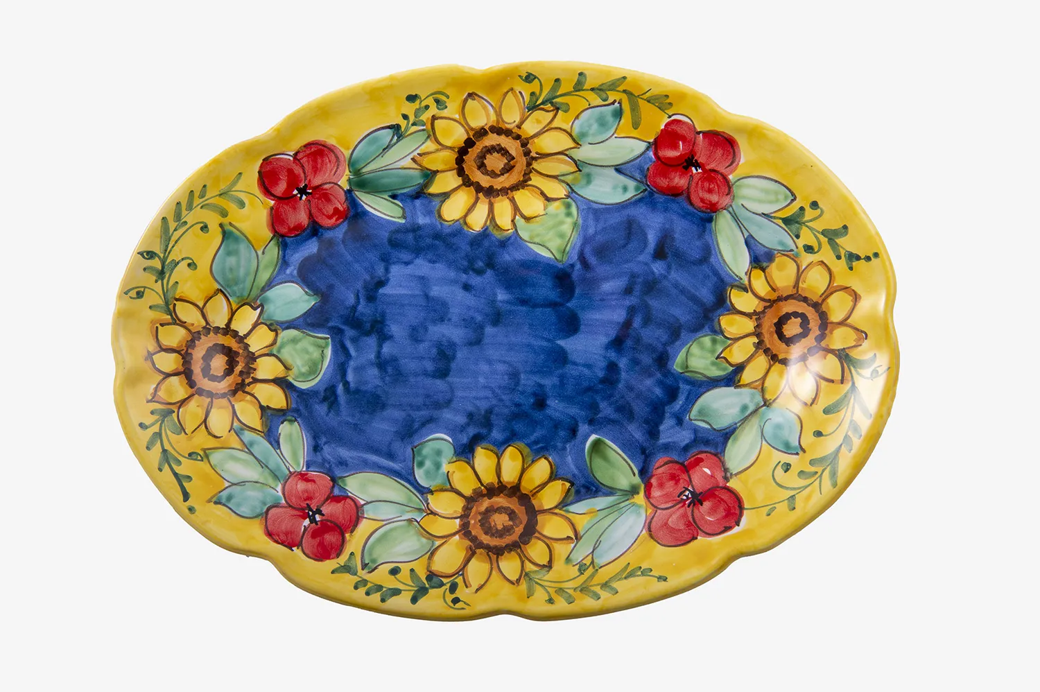 Flat Scalloped Oval Plate with Sunflowers